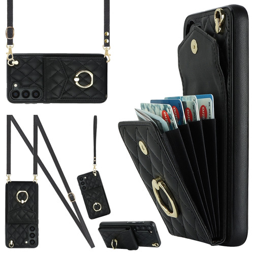 Samsung Galaxy S23+ 5G Rhombic Texture Card Bag Phone Case with Long Lanyard - Black