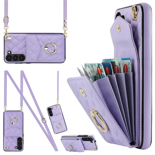 Samsung Galaxy S23+ 5G Rhombic Texture Card Bag Phone Case with Long Lanyard - Light Purple