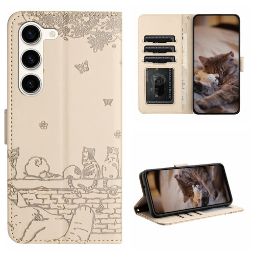 Samsung Galaxy S23+ Cat Embossing Pattern Leather Phone Case with Lanyard - Beige