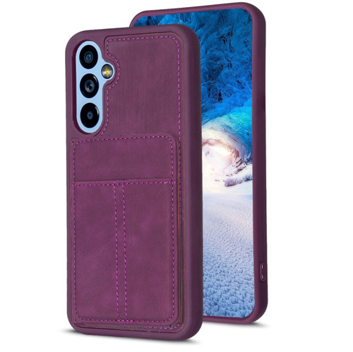 Samsung Galaxy A14 4G/5G BF28 Frosted Card Bag Phone Case with Holder - Dark Purple