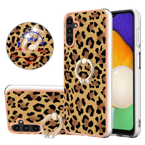 Samsung Galaxy A14 5G / 4G Electroplating Dual-side IMD Phone Case with Ring Holder - Leopard Print