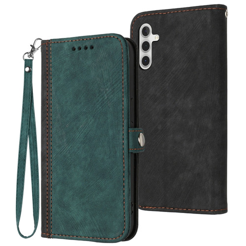 Samsung Galaxy A14 5G Side Buckle Double Fold Hand Strap Leather Phone Case - Dark Green