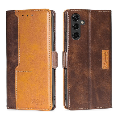 Samsung Galaxy A14 5G Contrast Color Side Buckle Leather Phone Case - Dark Brown + Gold
