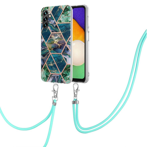 Samsung Galaxy A14 5G Electroplating IMD Splicing Dual-side Marble TPU Phone Case with Lanyard - Blue Green