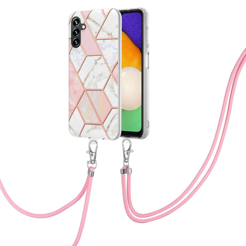 Samsung Galaxy A14 5G Electroplating IMD Splicing Dual-side Marble TPU Phone Case with Lanyard - Pink White