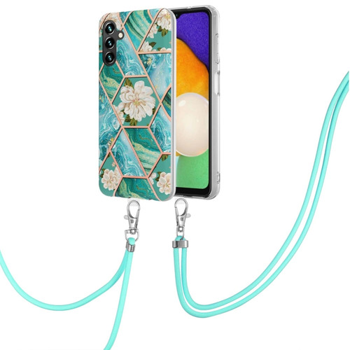 Samsung Galaxy A14 5G Splicing Marble Flower IMD TPU Phone Case with Lanyard - Blue Flower