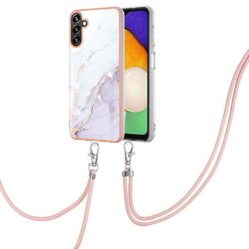 Samsung Galaxy A14 5G Electroplating Marble Dual-side IMD TPU Phone Case with Lanyard - White 006