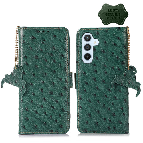 Samsung Galaxy A14 5G / A14 4G Ostrich Pattern Genuine Leather RFID Phone Case - Green