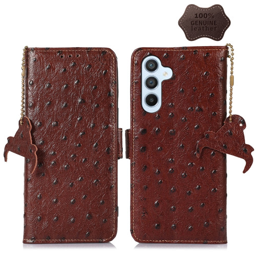 Samsung Galaxy A14 5G / A14 4G Ostrich Pattern Genuine Leather RFID Phone Case - Coffee