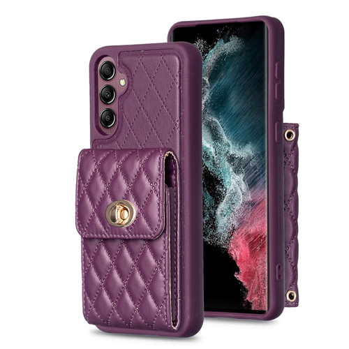 Samsung Galaxy A14 4G / 5G Vertical Metal Buckle Wallet Rhombic Leather Phone Case - Dark Purple