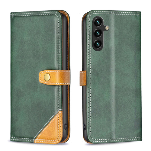 Samsung Galaxy A14 5G Color Matching Double Sewing Thread Leather Phone Case - Green