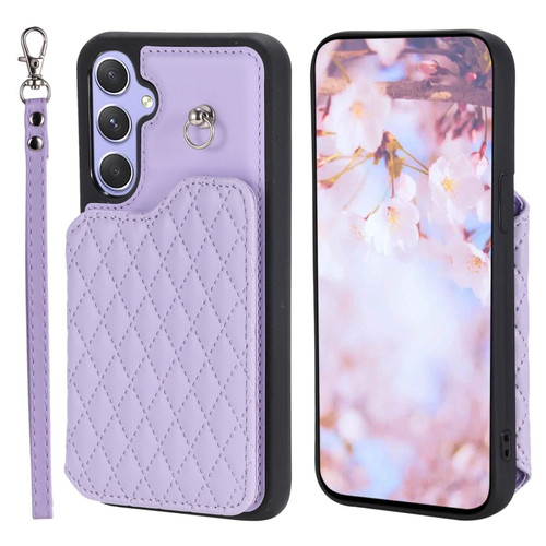 Samsung Galaxy A14 5G / 4G Grid Texture Card Bag Phone Case with Lanyard - Purple