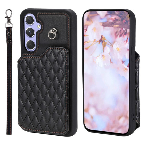 Samsung Galaxy A14 5G / 4G Grid Texture Card Bag Phone Case with Lanyard - Black