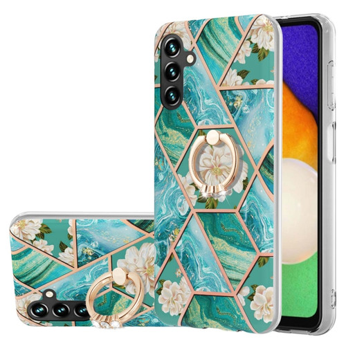Samsung Galaxy A14 5G Splicing Marble Flower IMD TPU Phone Case with Ring Holder - Blue Flower