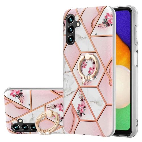 Samsung Galaxy A14 5G Splicing Marble Flower IMD TPU Phone Case with Ring Holder - Pink Flower