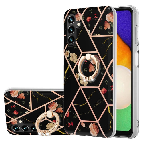 Samsung Galaxy A14 5G Splicing Marble Flower IMD TPU Phone Case with Ring Holder - Black Flower