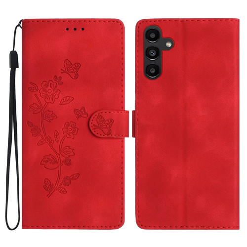 Samsung Galaxy A14 5G Flower Butterfly Embossing Pattern Leather Phone Case - Red