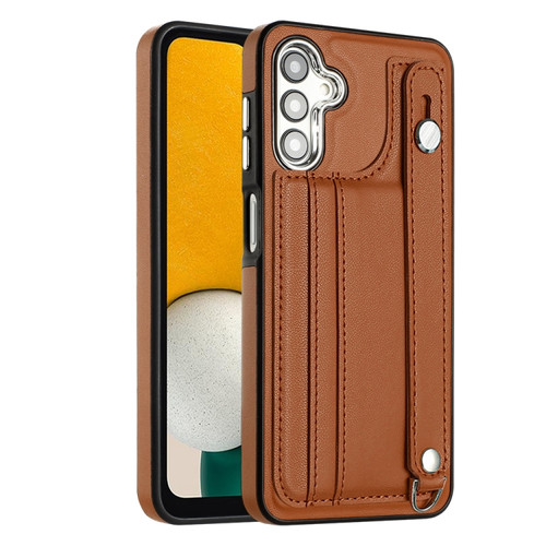 Samsung Galaxy A14 4G / A14 5G Shockproof Leather Phone Case with Wrist Strap - Brown