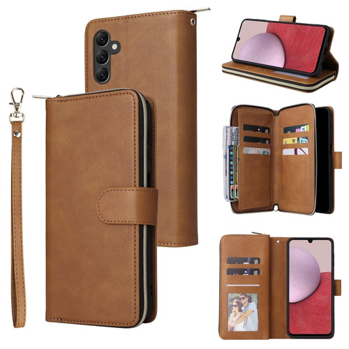 Samsung Galaxy A14 5G 9 Card Slots Zipper Wallet Bag Leather Phone Case - Brown