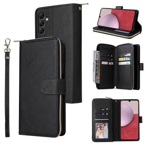Samsung Galaxy A14 5G 9 Card Slots Zipper Wallet Bag Leather Phone Case - Black