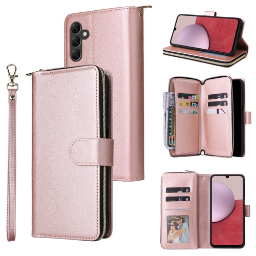 Samsung Galaxy A14 5G 9 Card Slots Zipper Wallet Bag Leather Phone Case - Rose Gold