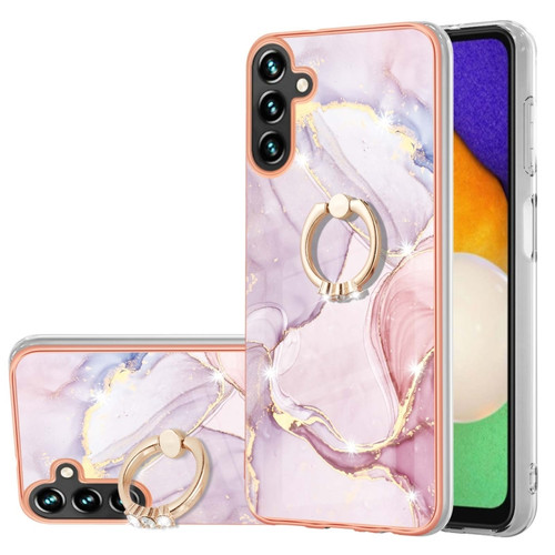 Samsung Galaxy A14 5G Electroplating Marble IMD TPU Phone Case with Ring Holder - Rose Gold 005