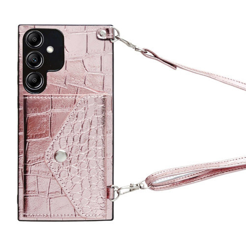 Samsung Galaxy A14 5G Crocodile Texture Lanyard Card Slot Phone Case - Rose Gold