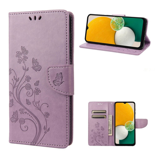 Samsung Galaxy A14 5G Butterfly Flower Pattern Flip Leather Phone Case - Light Purple