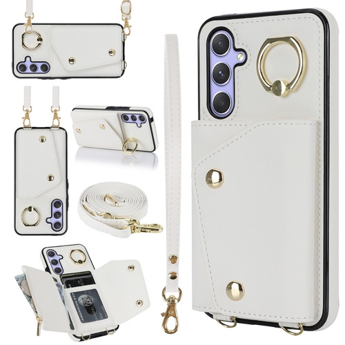 Samsung Galaxy A14 5G / 4G Zipper Card Bag Phone Case with Dual Lanyard - White