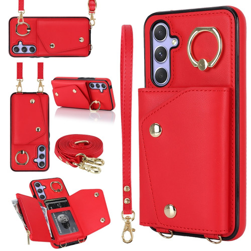 Samsung Galaxy A14 5G / 4G Zipper Card Bag Phone Case with Dual Lanyard - Red
