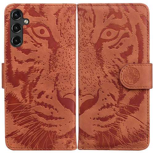 Samsung Galaxy A14 5G Tiger Embossing Pattern Horizontal Flip Leather Phone Case - Brown