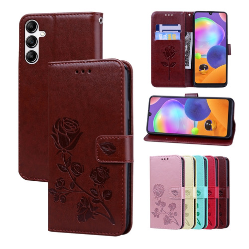 Samsung Galaxy A14 4G / 5G Rose Embossed Flip PU Leather Phone Case - Brown