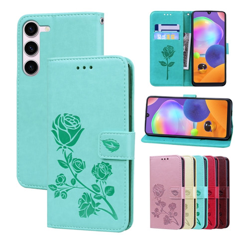 Samsung Galaxy A14 4G / 5G Rose Embossed Flip PU Leather Phone Case - Green