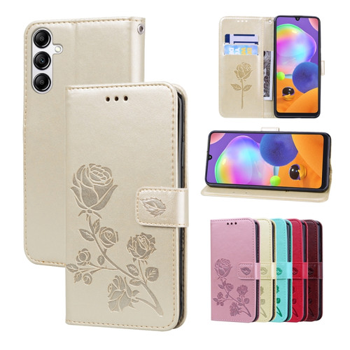 Samsung Galaxy A14 4G / 5G Rose Embossed Flip PU Leather Phone Case - Gold