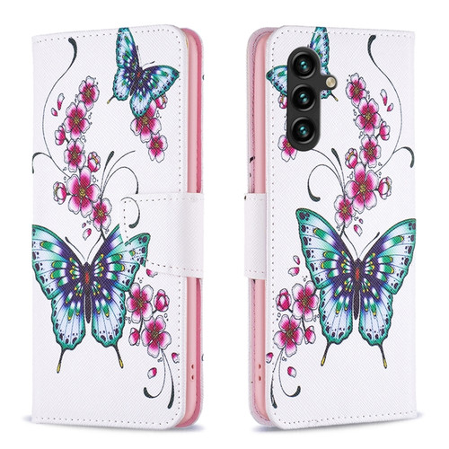 Samsung Galaxy A14 5G Colored Drawing Pattern Leather Phone Case - Flowers Butterfly