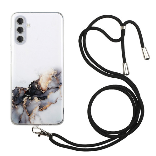 Samsung Galaxy A14 5G / 4G Hollow Marble Pattern TPU Phone Case with Neck Strap Rope - Black