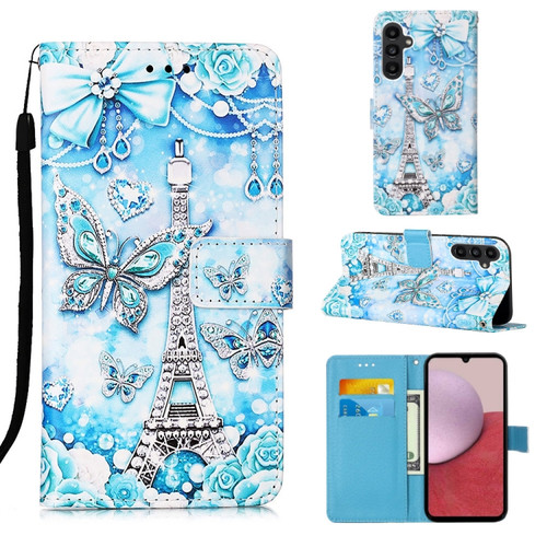 Samsung Galaxy A14 5G Colored Drawing Pattern Plain Weave Leather Phone Case - Tower Butterfly
