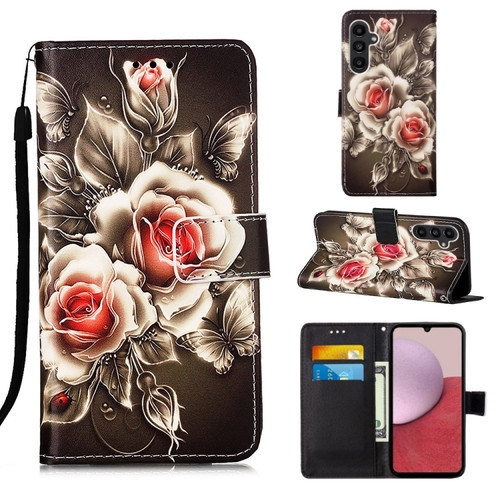 Samsung Galaxy A14 5G Colored Drawing Pattern Plain Weave Leather Phone Case - Roses On Black