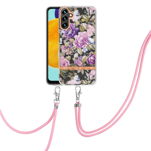 Samsung Galaxy A14 5G Flowers and Plants Series IMD TPU Phone Case with Lanyard - Purple Peony