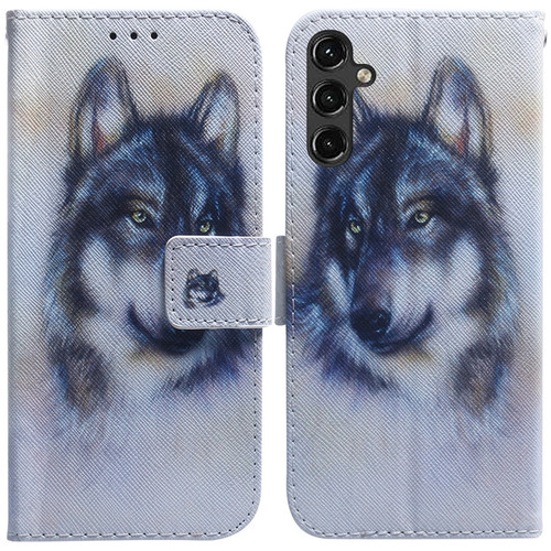 Samsung Galaxy A14 5G Coloured Drawing Horizontal Flip Leather Phone Case - White Wolf