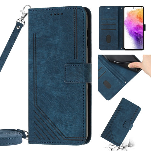 Samsung Galaxy A14 5G Skin Feel Stripe Pattern Leather Phone Case with Lanyard - Blue