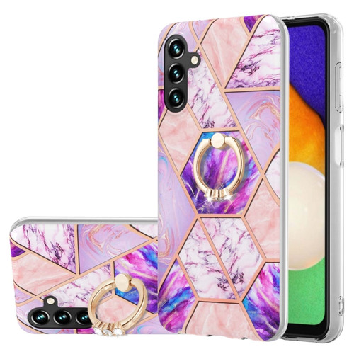 Samsung Galaxy A14 5G Splicing Marble Flower IMD TPU Phone Case Ring Holder - Light Purple