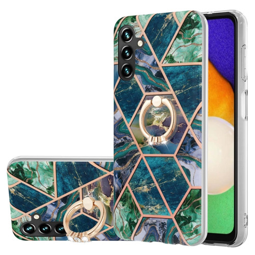 Samsung Galaxy A14 5G Splicing Marble Flower IMD TPU Phone Case Ring Holder - Blue Green