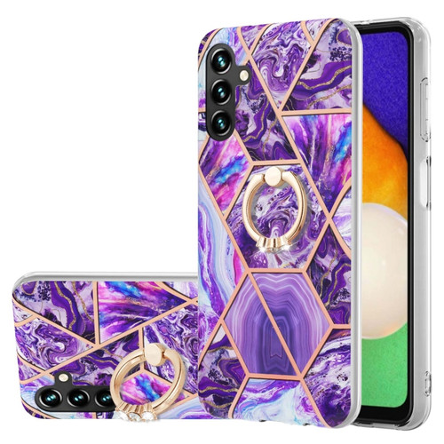 Samsung Galaxy A14 5G Splicing Marble Flower IMD TPU Phone Case Ring Holder - Dark Purple