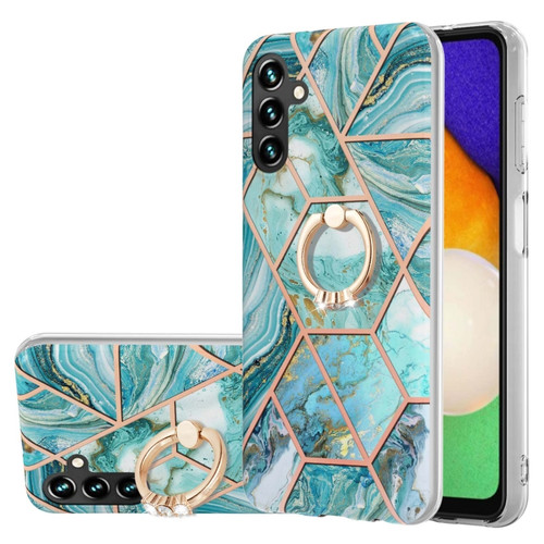 Samsung Galaxy A14 5G Splicing Marble Flower IMD TPU Phone Case Ring Holder - Blue