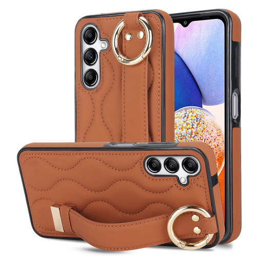 Samsung Galaxy A14 4G / 5G Non-slip Full Coverage Ring PU Phone Case with Wristband - Brown