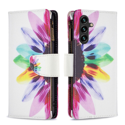 Samsung Galaxy A14 5G Colored Drawing Pattern Zipper Leather Phone Case - Sun Flower