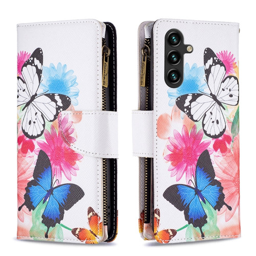 Samsung Galaxy A14 5G Colored Drawing Pattern Zipper Leather Phone Case - Two Butterflies