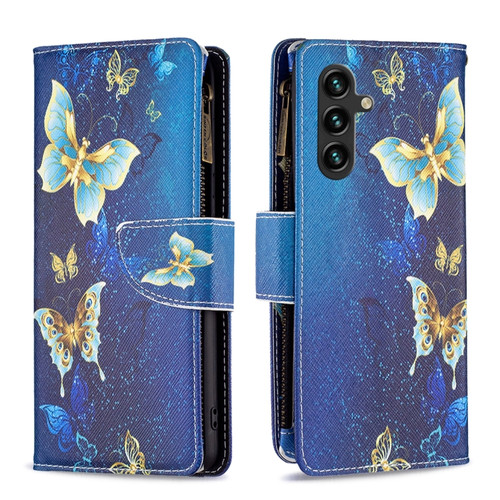 Samsung Galaxy A14 5G Colored Drawing Pattern Zipper Leather Phone Case - Gold Butterfly