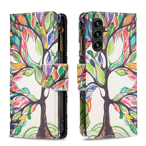 Samsung Galaxy A14 5G Colored Drawing Pattern Zipper Leather Phone Case - Big Tree